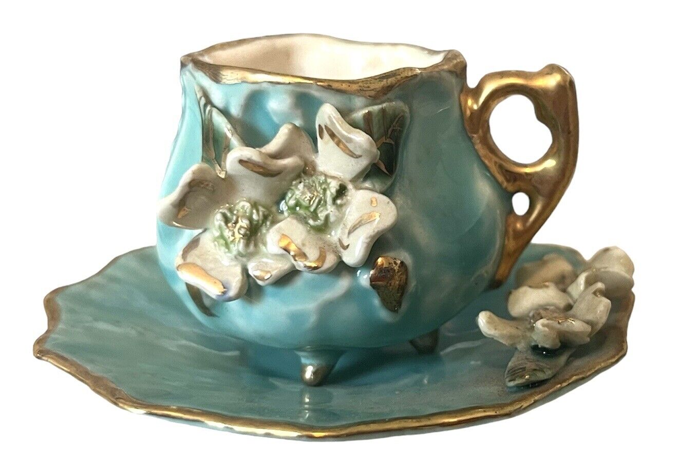 VTG Miniature Hand Painted 3 Footed Tea Cup And Saucer, Gilded, Blue And Cream