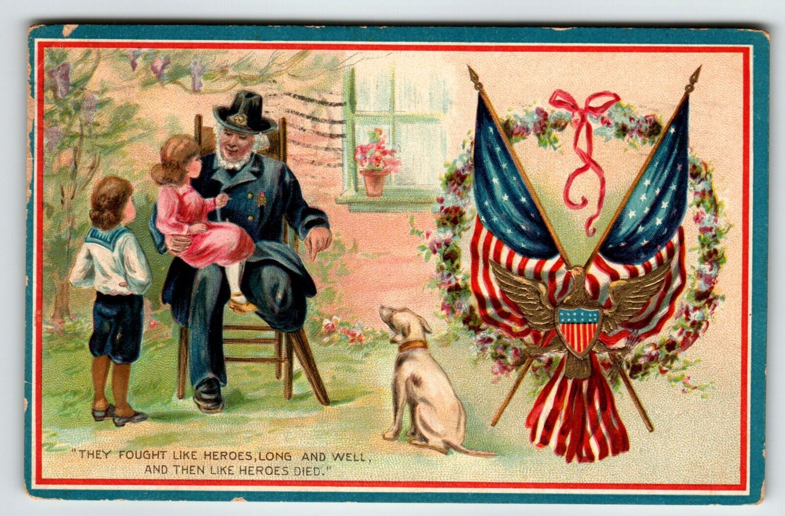 Memorial Decoration Day Postcard White Dog Children Soldier Flags Eagle Tuck 158