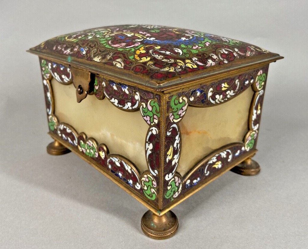 Antique 19th Century French Jewelry Box: Alabaster and Cloisonné Bronze Elegance