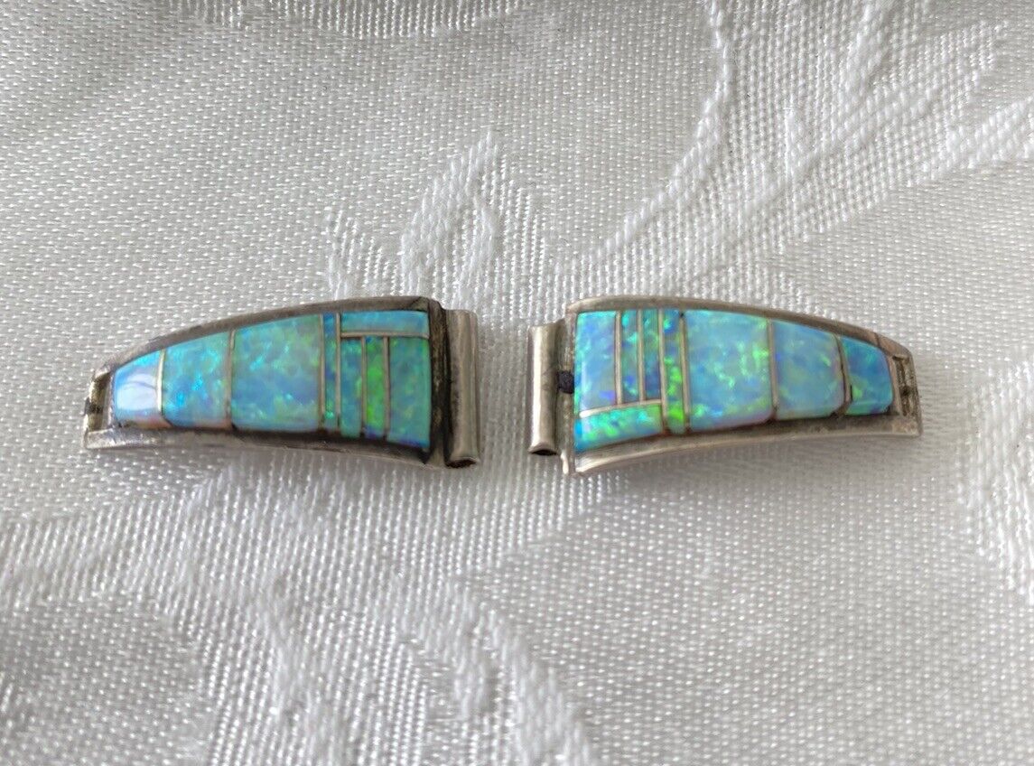 Vintage Native American Sterling Silver Opal Ladies Watch Tips Signed 