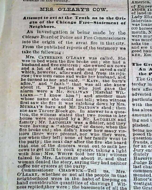 Catherine O\'Leary CHICAGO FIRE Cow Kicked Latern Investigation 1871 NY Newspaper