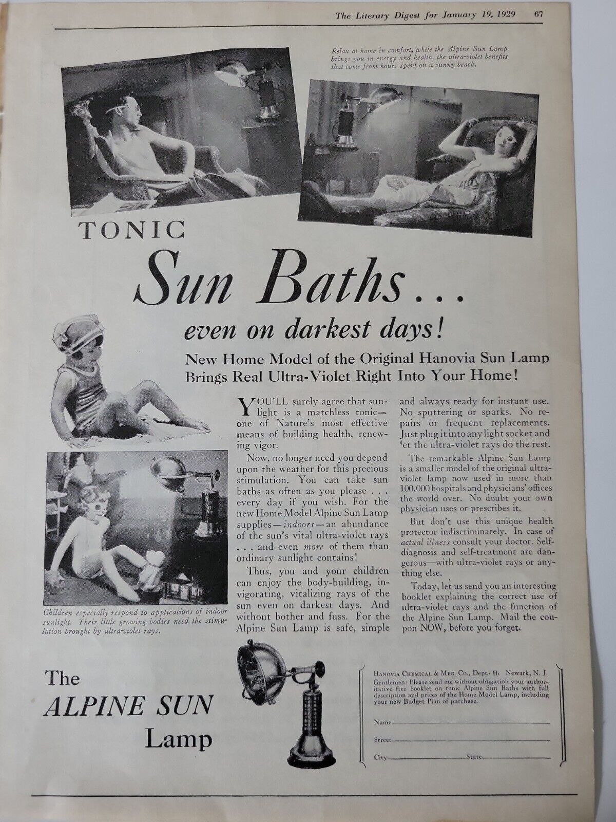 1929 Alpine Sun Lamps Tonic sun baths man woman kids tanning vintage ad