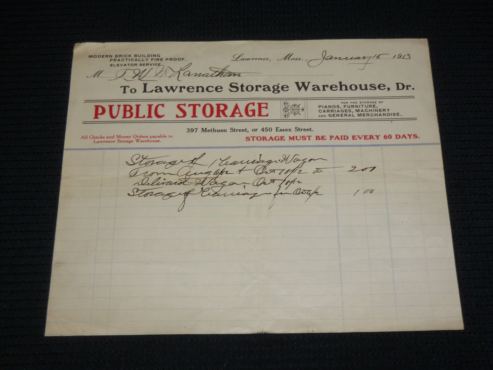 1913 LAWRENCE STORAGE WAREHOUSE PUBLIC STORAGE RECEIPT - MASSACHUSETTS - J 7016