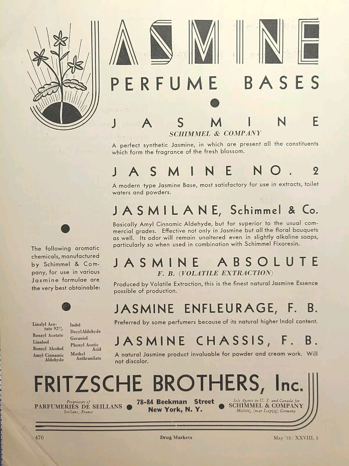 Fritzsche Brothers Jasmine Perfume Bases Miltitz Germany Vintage Print Ad 1931