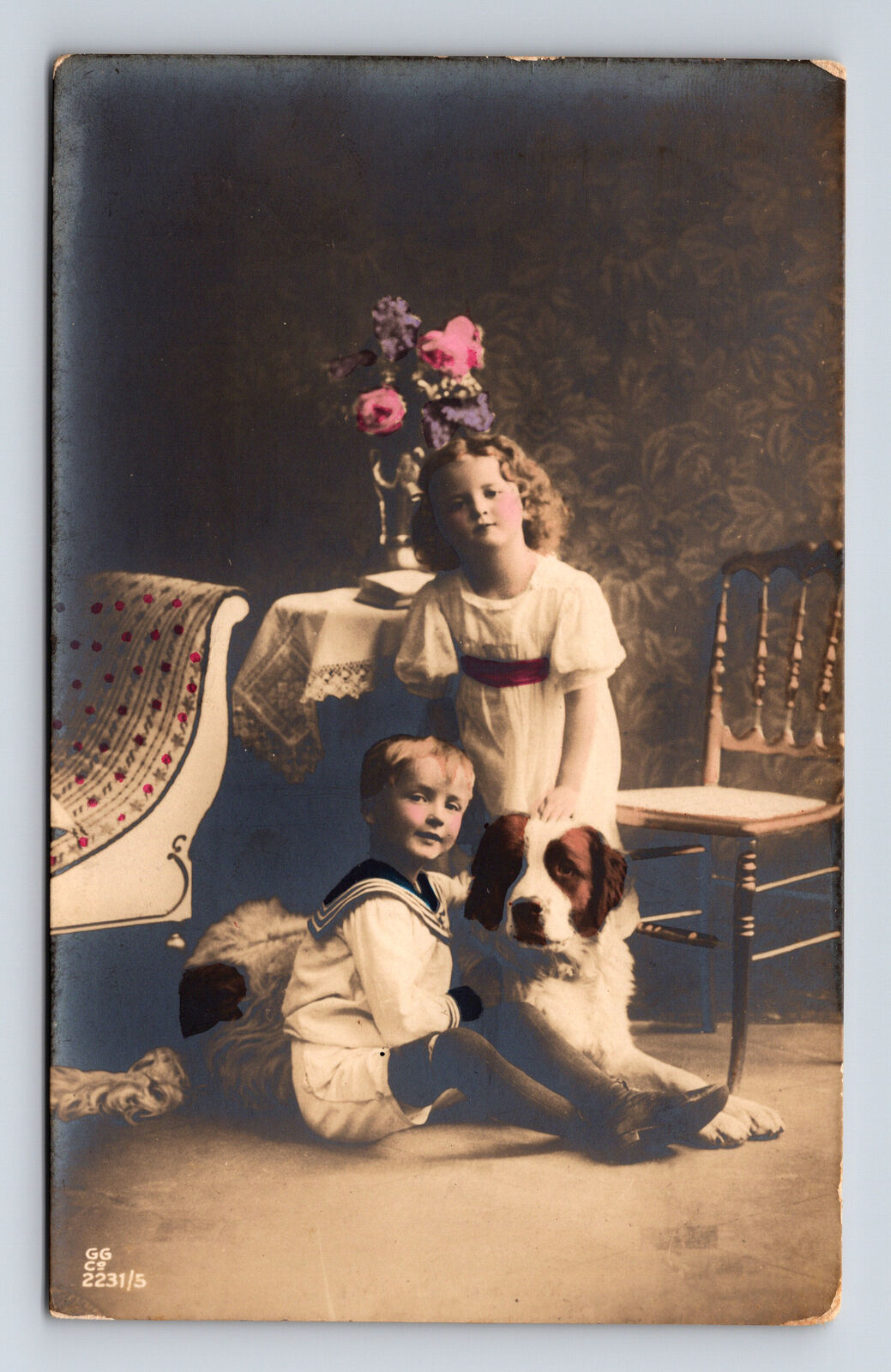 RPPC Hand Colored Portrait Young Boy & Girl Large Dog St Bernard? Postcard