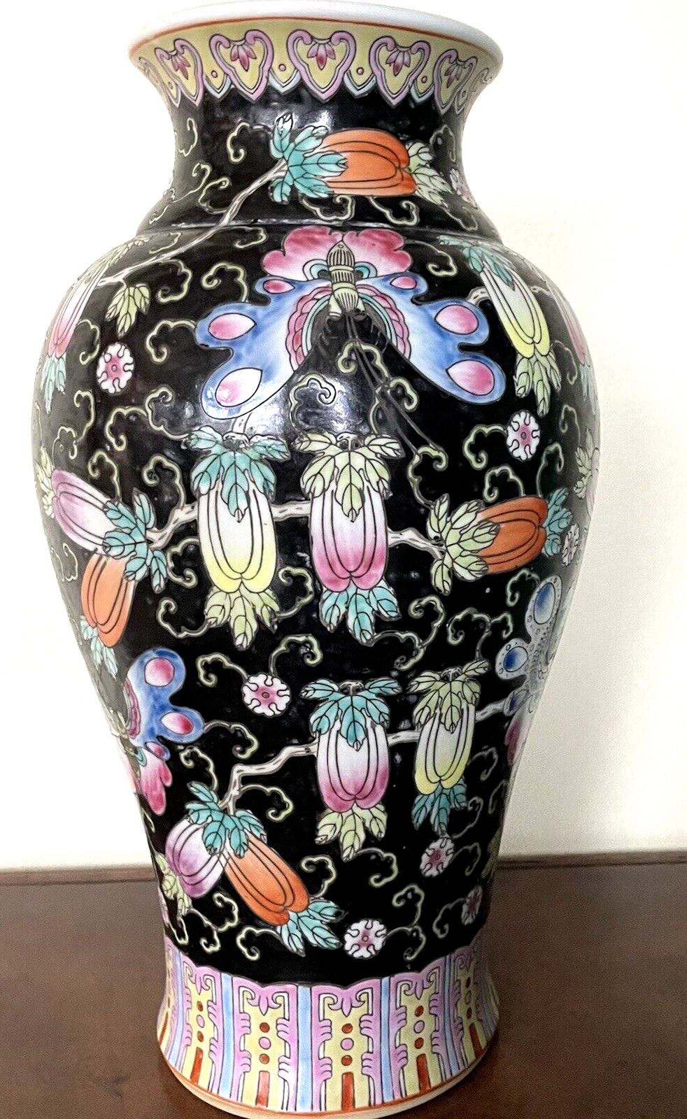 Vintage Chinese Vase Hand Painted Enameled w/ Bat Fruit Butterfly Floral Glazed