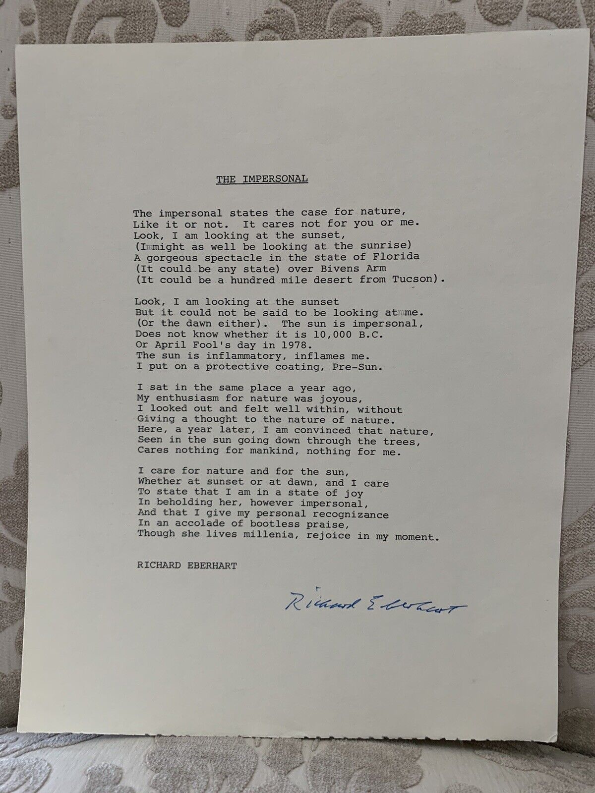 Richard Eberhart American Poet Signed Poem The Impersonal