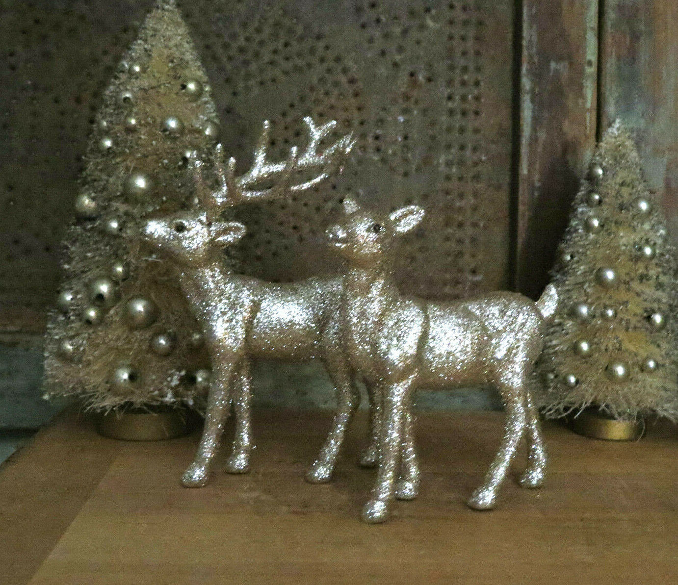 Putz Vintage Style Christmas Champagne Gold Glitter Deer Set Buck & Doe