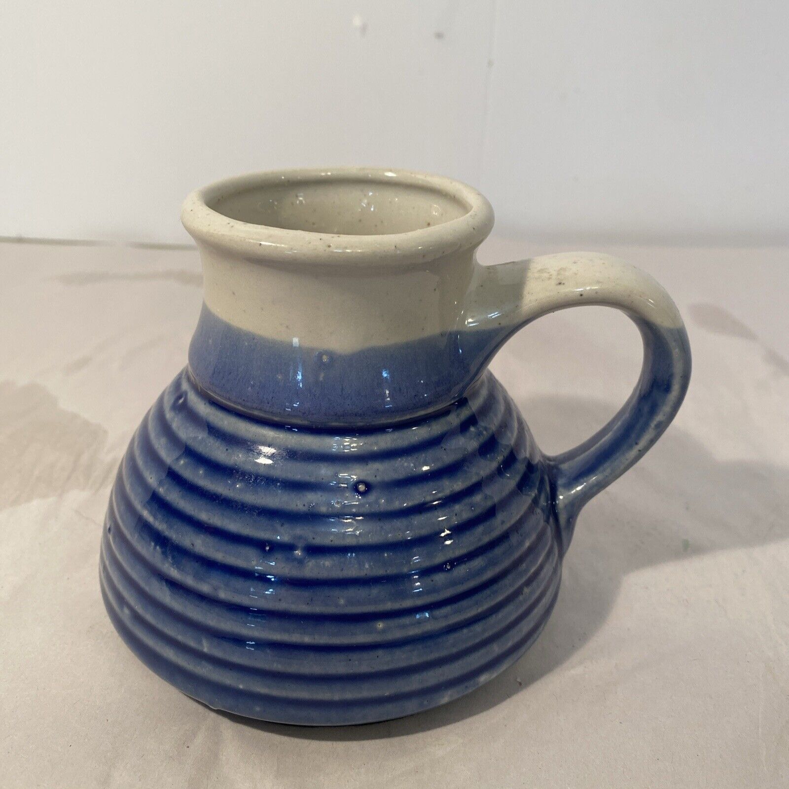 Vtg Pottery No Spill Non Slip Travel Wide Bottom Ceramic Mug Blue