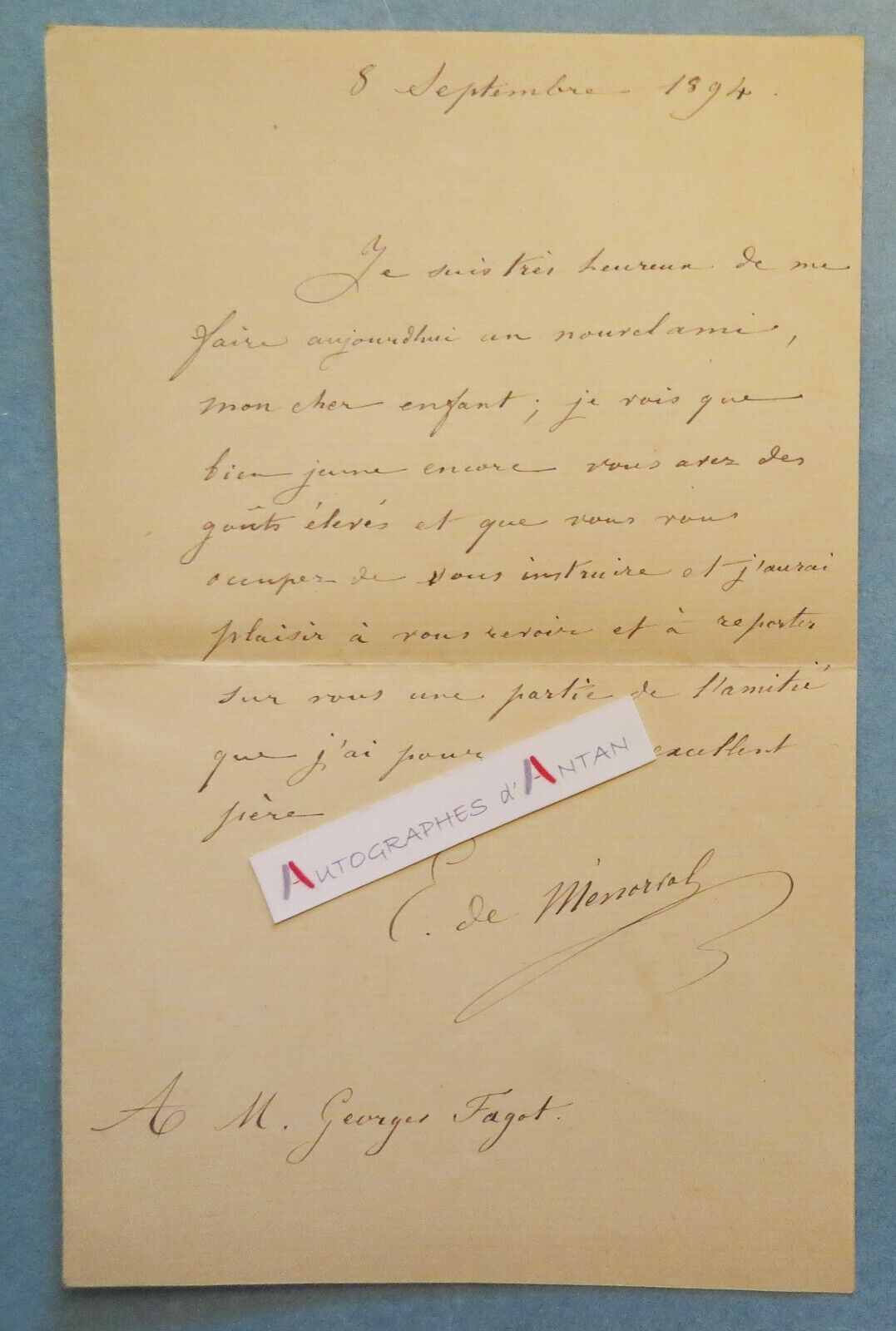 ● L.A.S 1894 Eugène de MENERVAL historian & politician to Georges BASBOT - letter