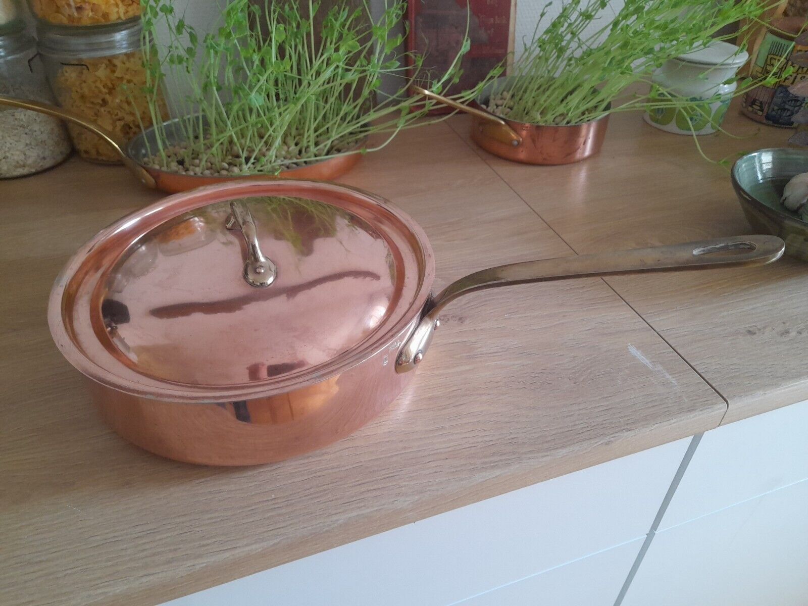 Vintage Copper Matfer Mauviel French Saute Pan with Brass Handle and lid