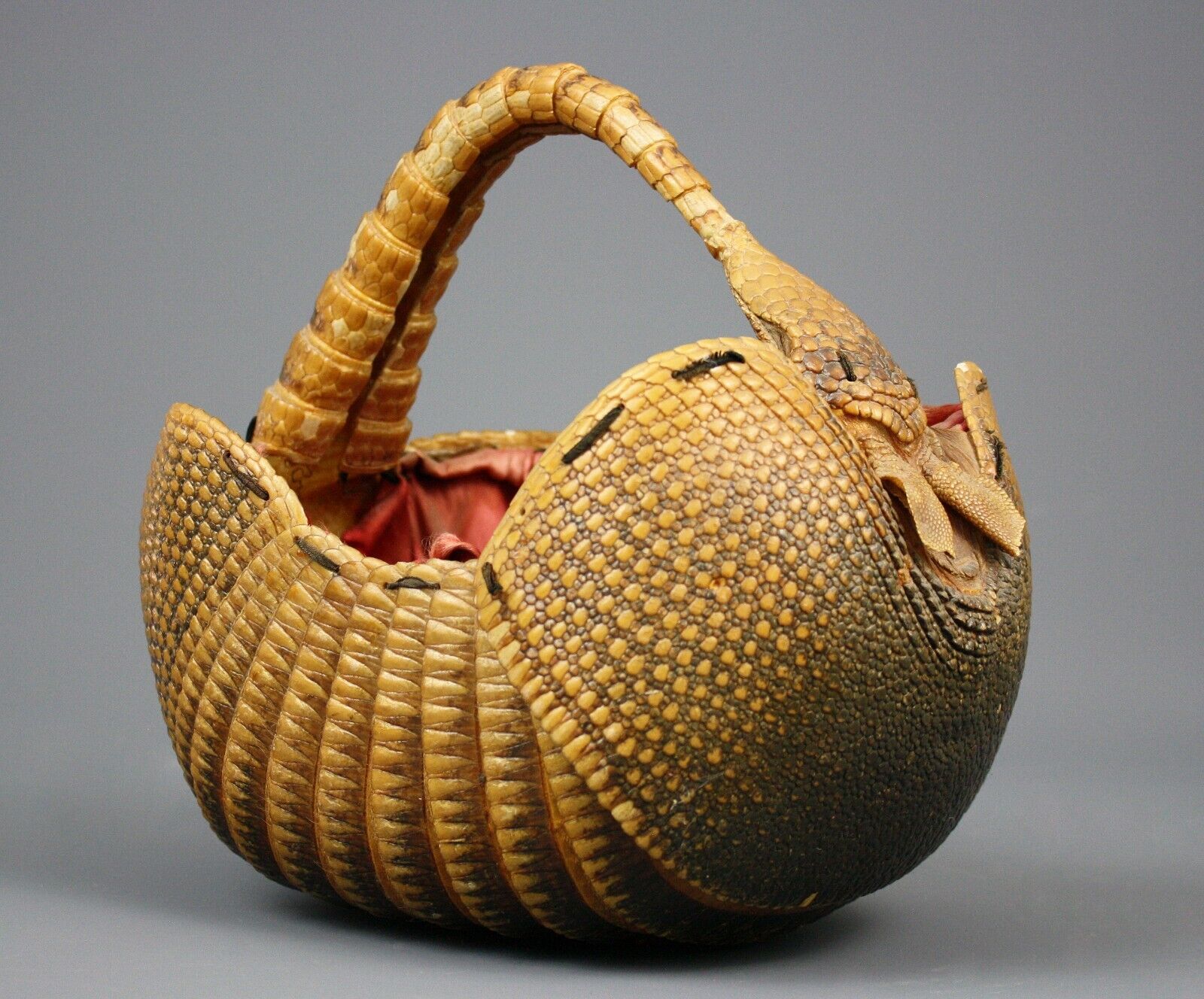Vintage/Antique Taxidermy Armadillo Shell Basket, Lined w/ Satin