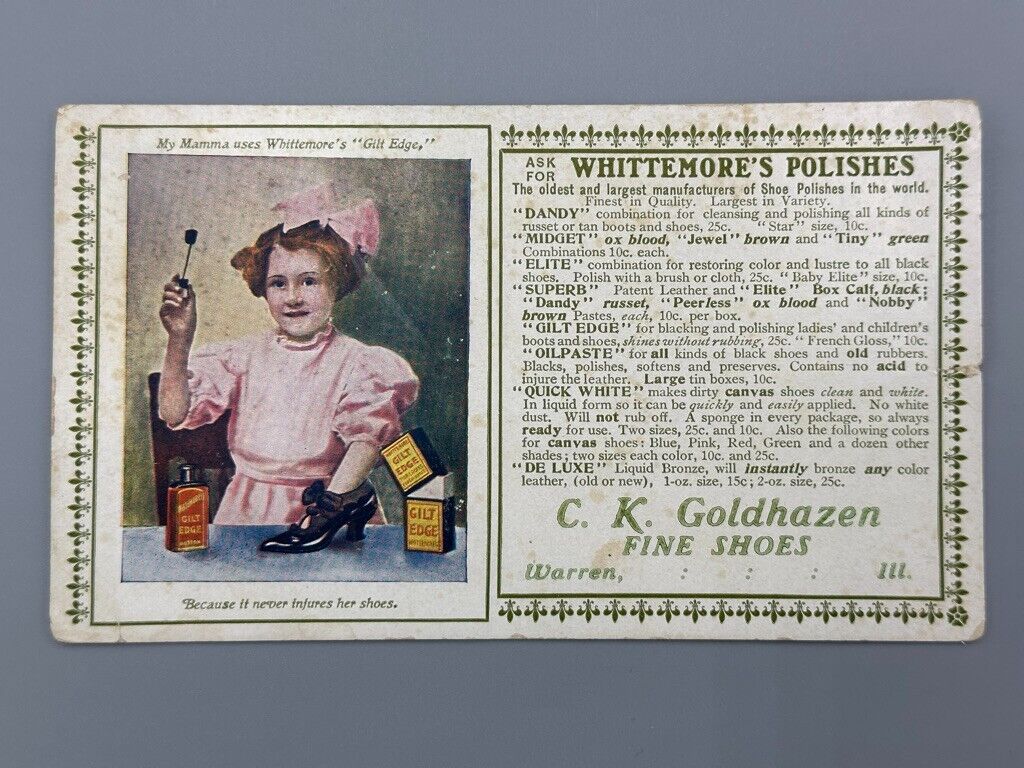 Antique WHITTEMORE\'S POLISH Goldhazen SHOES Advertising Ink Blotter WARREN IL