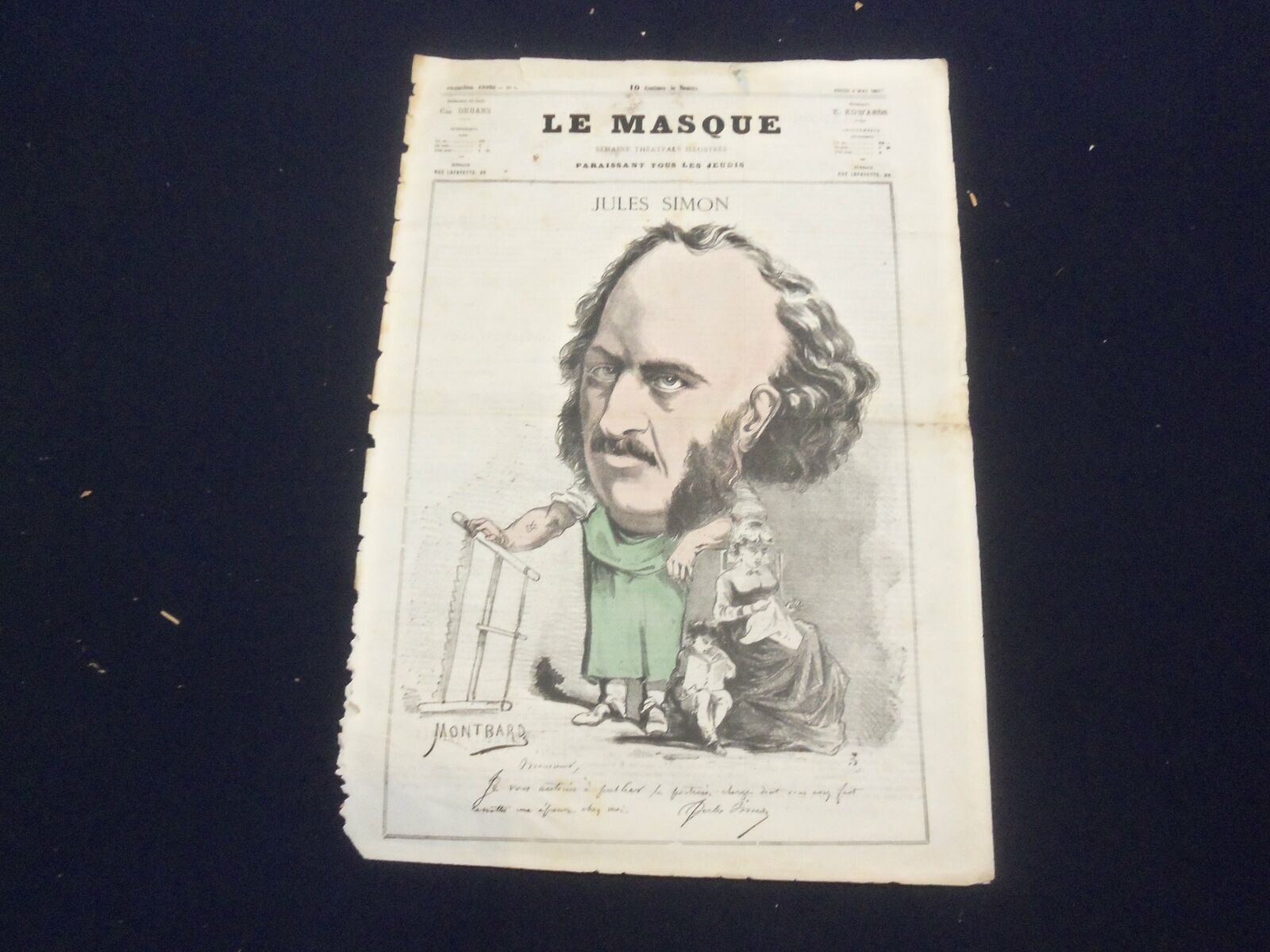 1867 MAY 9 LE MASQUE NEWSPAPER - JULES SIMON - MONTBARD - FRENCH - FR 2841