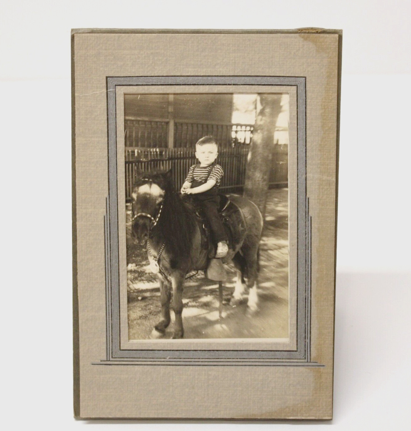 Antique Boy on Pony Horse Black & White Cabinet Photo 3\