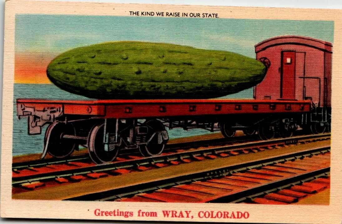 Linen Postcard Wray Colorado Exaggerated Cucumber on Railroad Car