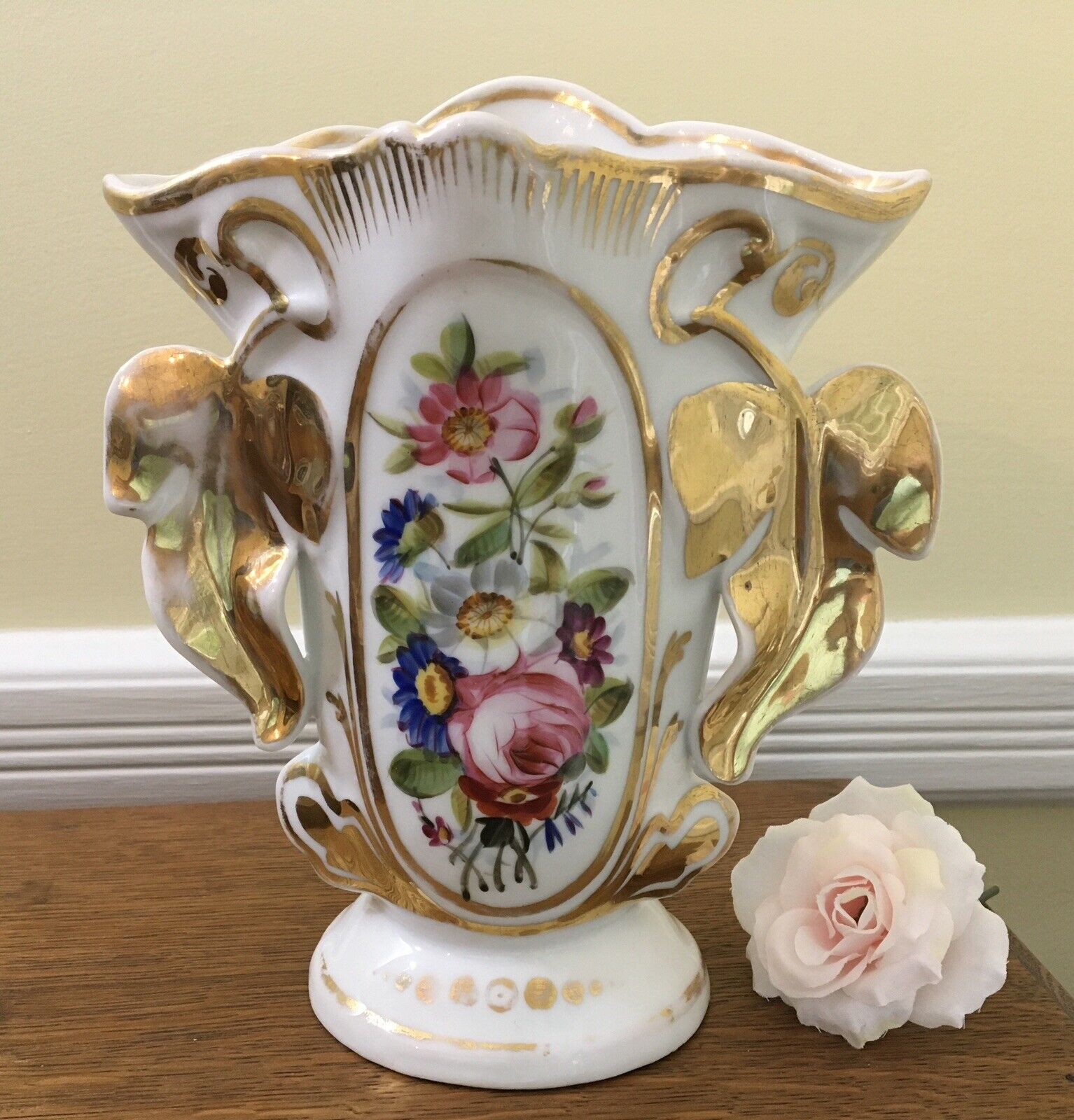 Lovely French Style Porcelain Wedding Vase with Handpainted Flowers & Shiny Gold
