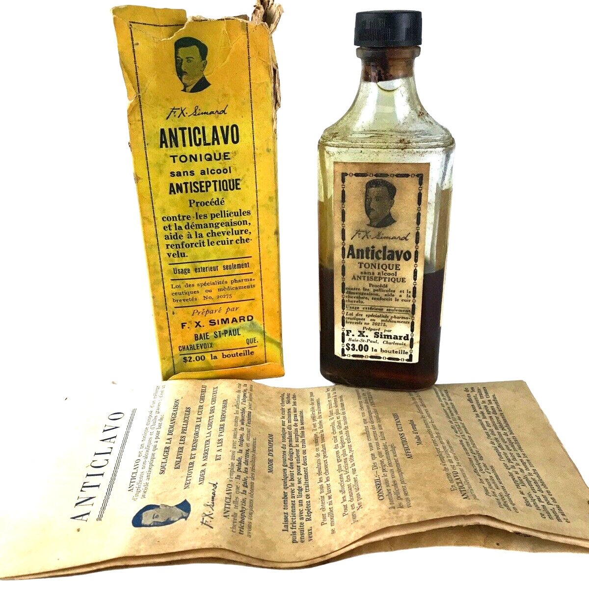 Vintage Antique F.X. SIMARD Anticlavo Tonique Hair Tonic Antiseptic Bottle
