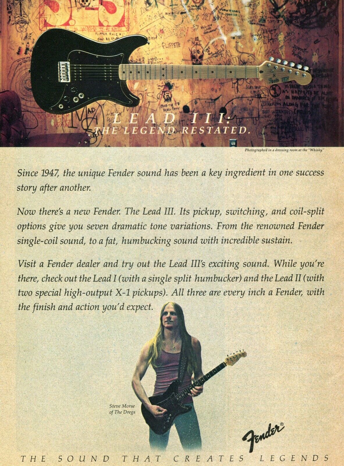 1982 Print Ad of Fender Lead III Guitar w Steve Morse The Dregs @ Whisky a Go-Go