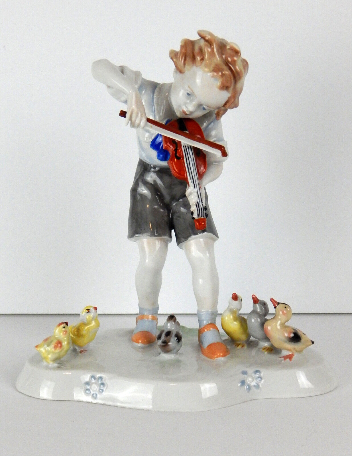 Vintage Metzler Ortloff Porcelain Figurine Boy Playing Violin For Birds Germany