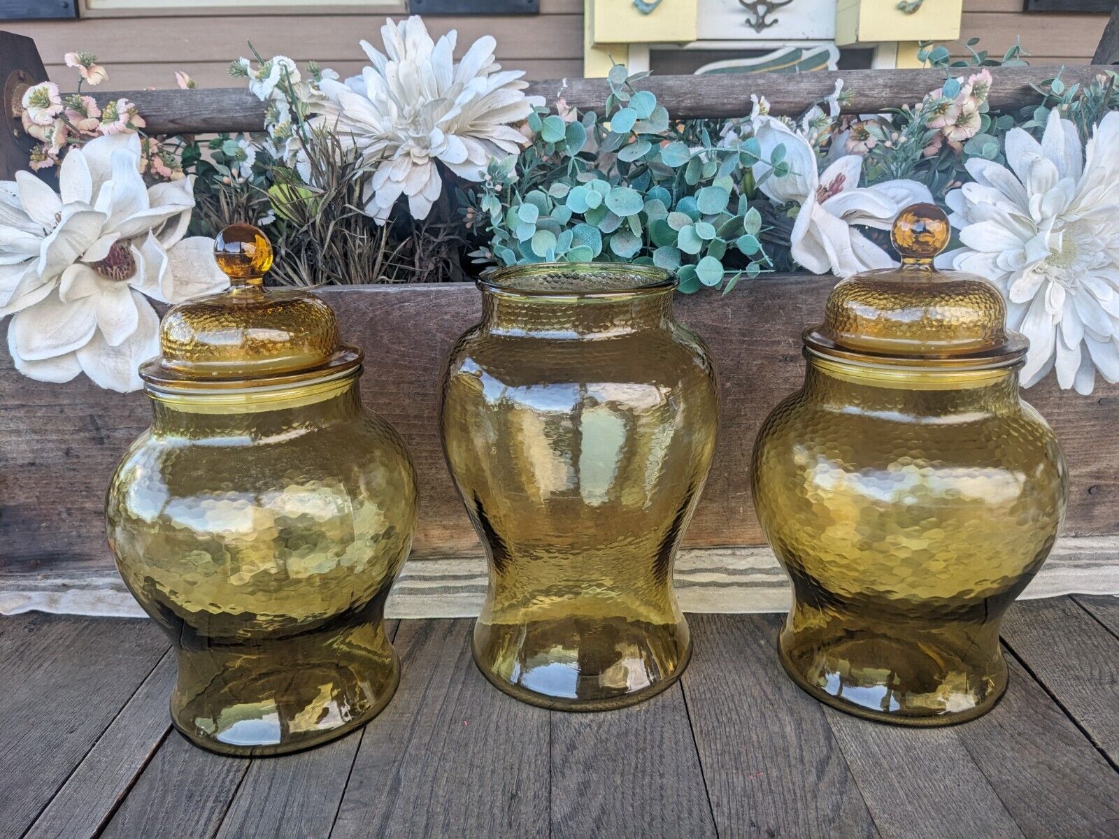 Vintage Indiana Glass Yellow/Amber Apothecary Jar Set (Missing One Lid)