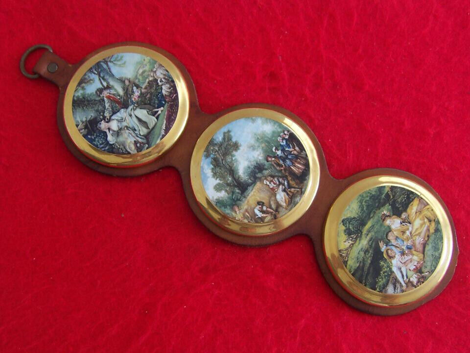 Vintage SylvaC Ware Plaques of Romantic Country Scenes on Leather Display Strap