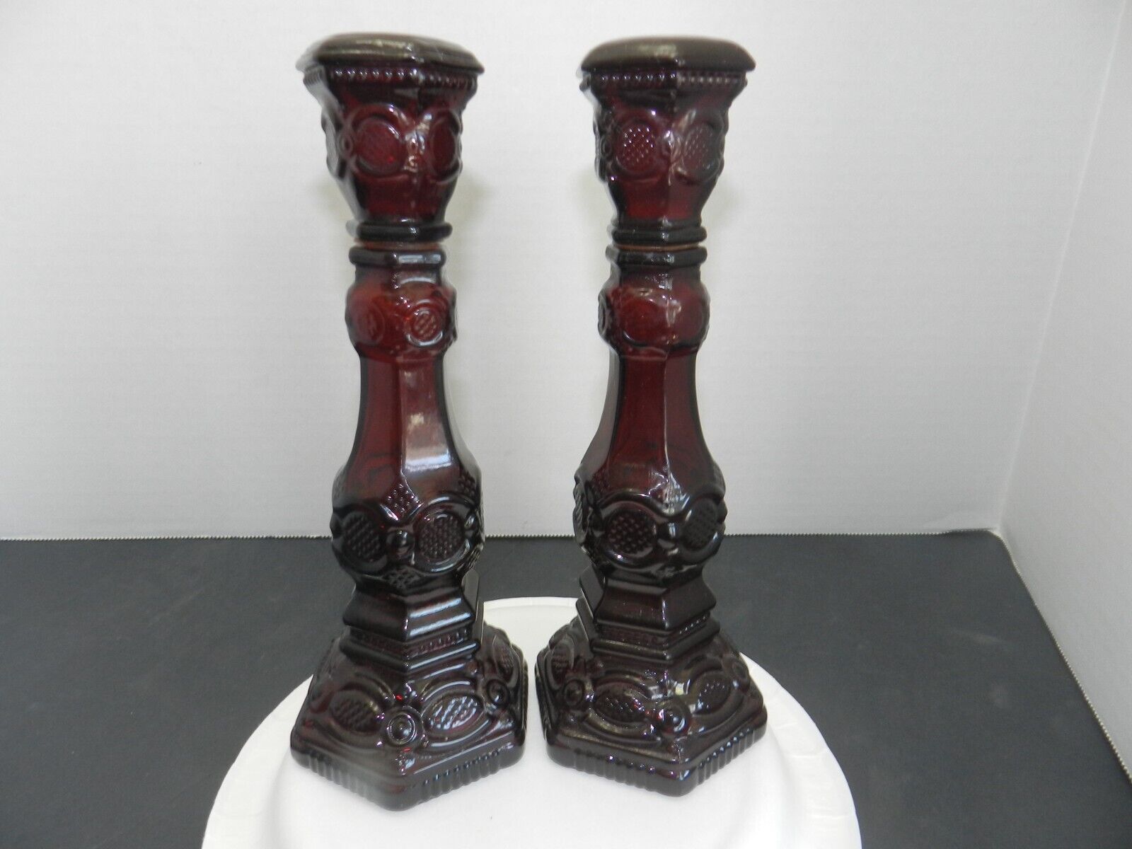 Vtg - Avon 1876 Cape Cod Ruby Red Collection Tall Candle Sticks (set of 2)