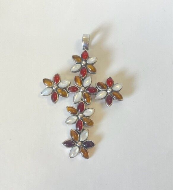 Silver Floral Cross w/ Semi-precious Gems