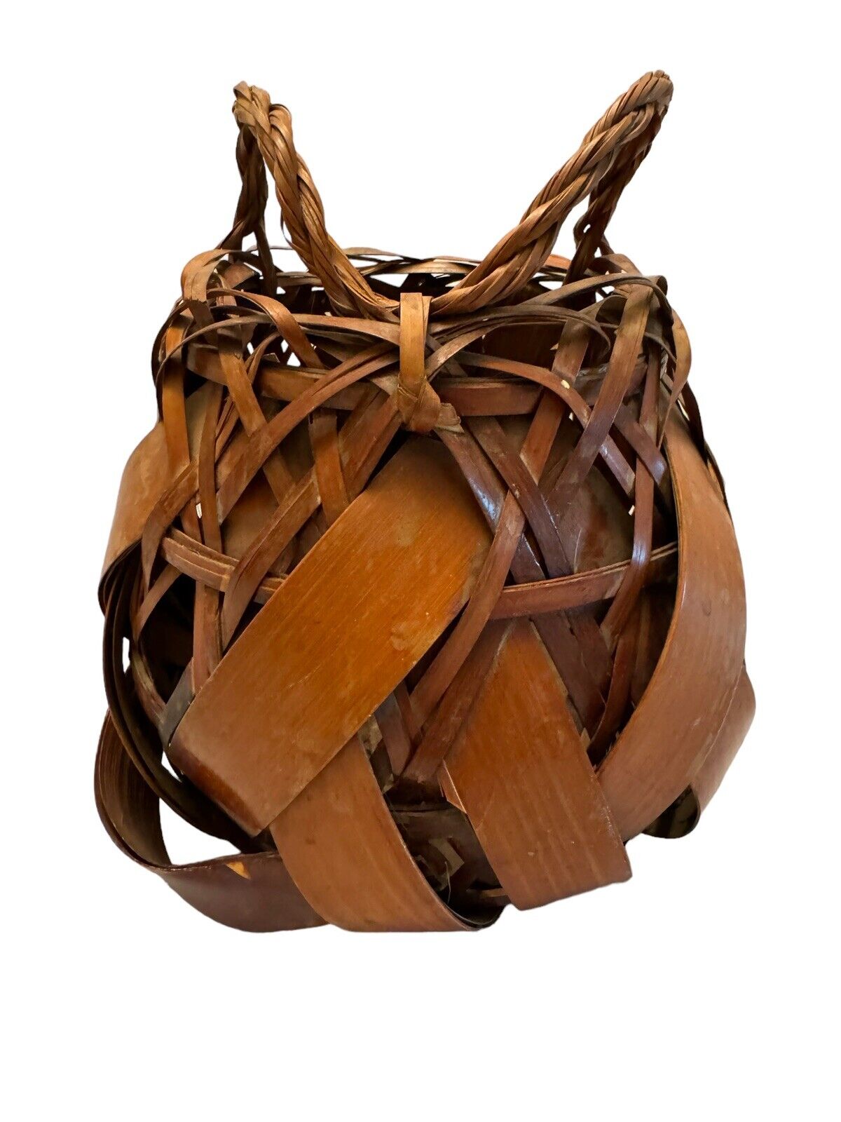 Japanese Ikebana Bamboo Art Basket Vase Weave Handcrafted 8”H x 7”W