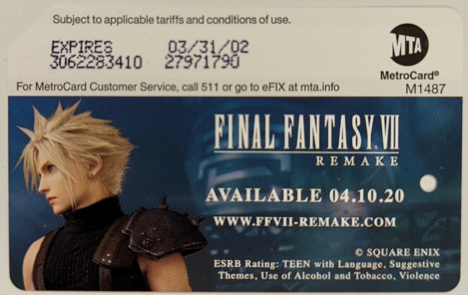 Final Fantasy VII- NYC MetroCard-Expired, Mint condition