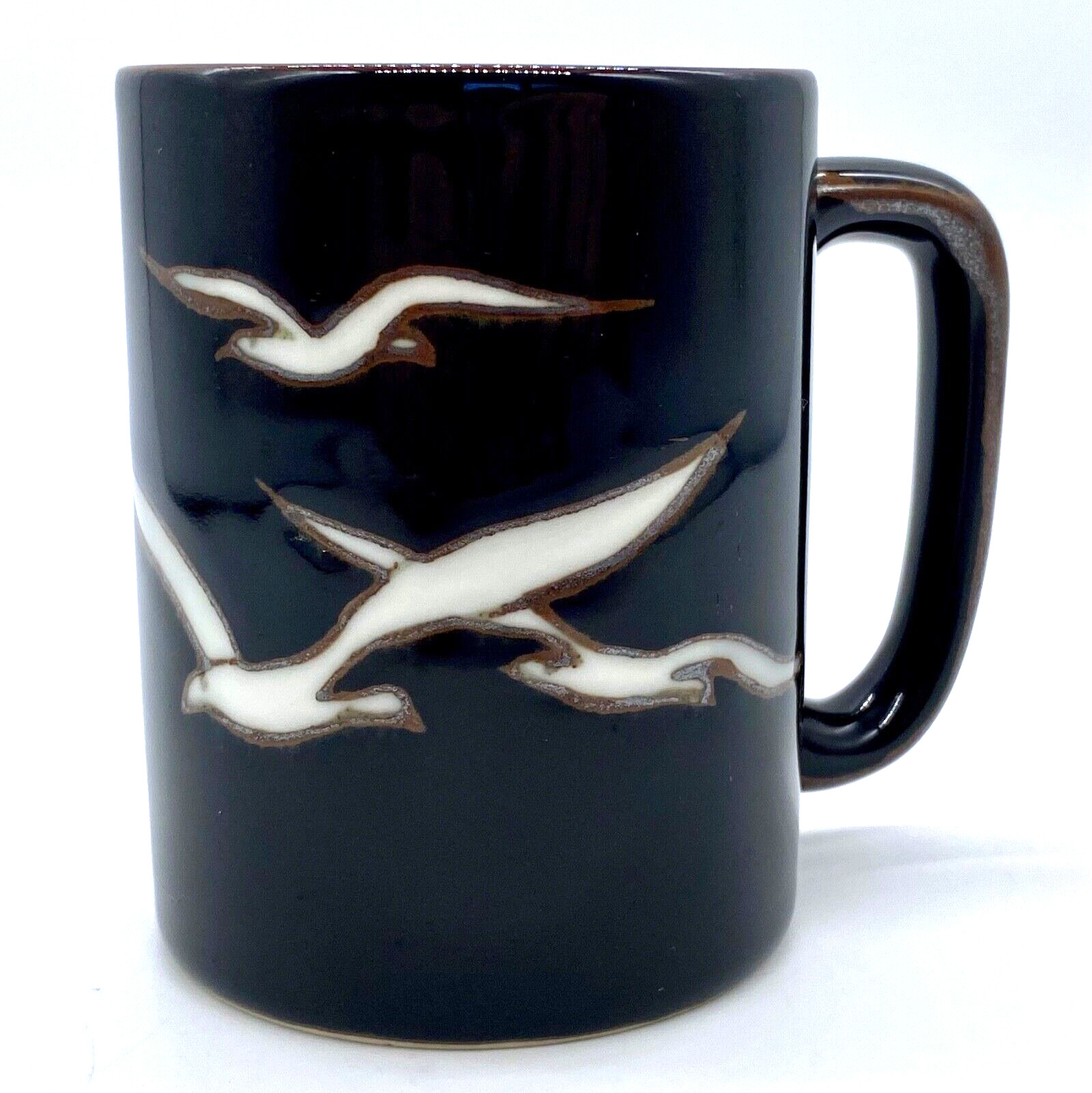 Vintage OTAGIRI Dark Brown Glazed COFFEE MUG Tea Cup Seagulls Birds Hand Painted