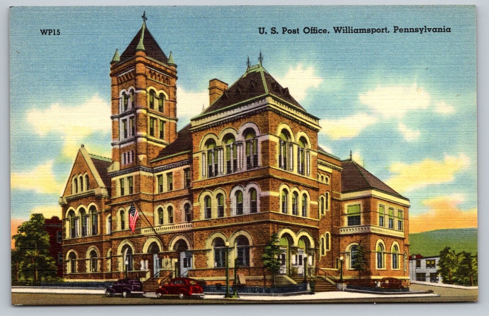 US Post Office Williamsport Pennsylvania American Flag Government UNP Postcard