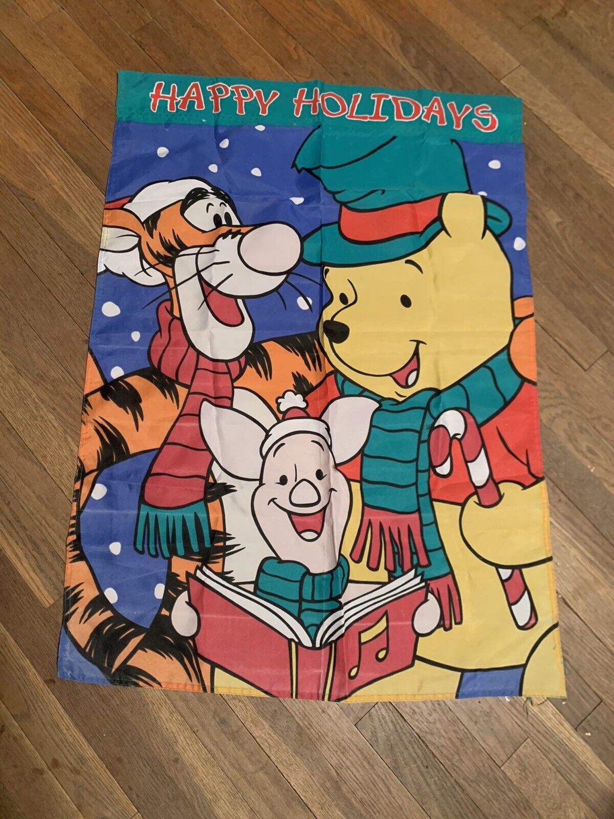 Vintage Disney Winnie The Pooh Christmas Happy Holidays Large 40 Inch Flag