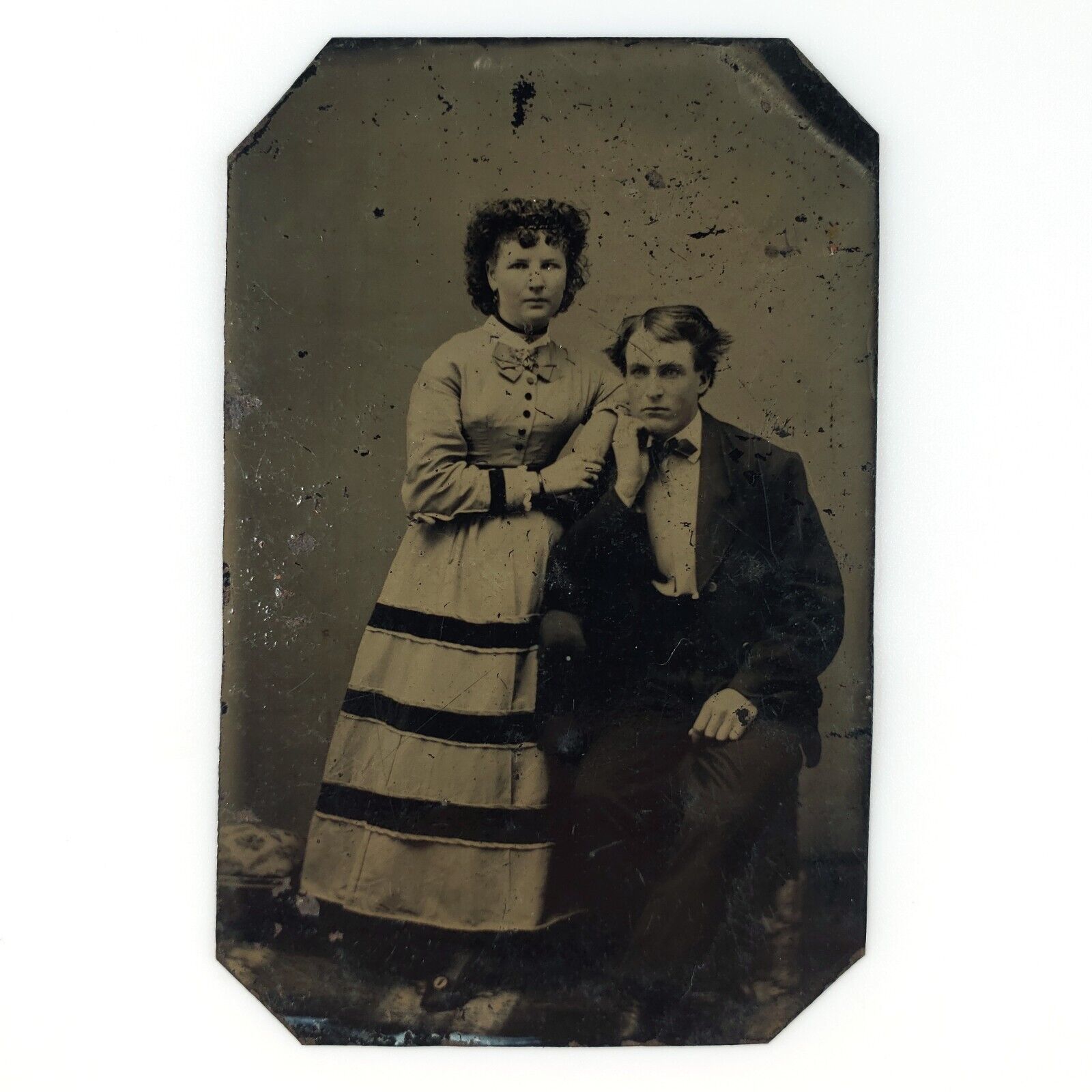 Disheveled Couple Wearing Bowties Tintype c1870 Antique 1/6 Plate Photo A2921
