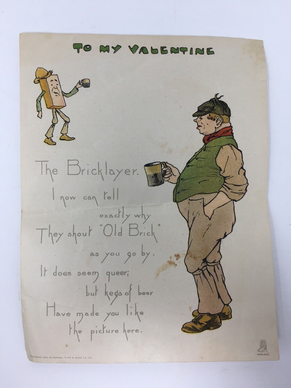 1902 Raphael Tuck Large Valentine Card Fold Over Bricklayer Beer