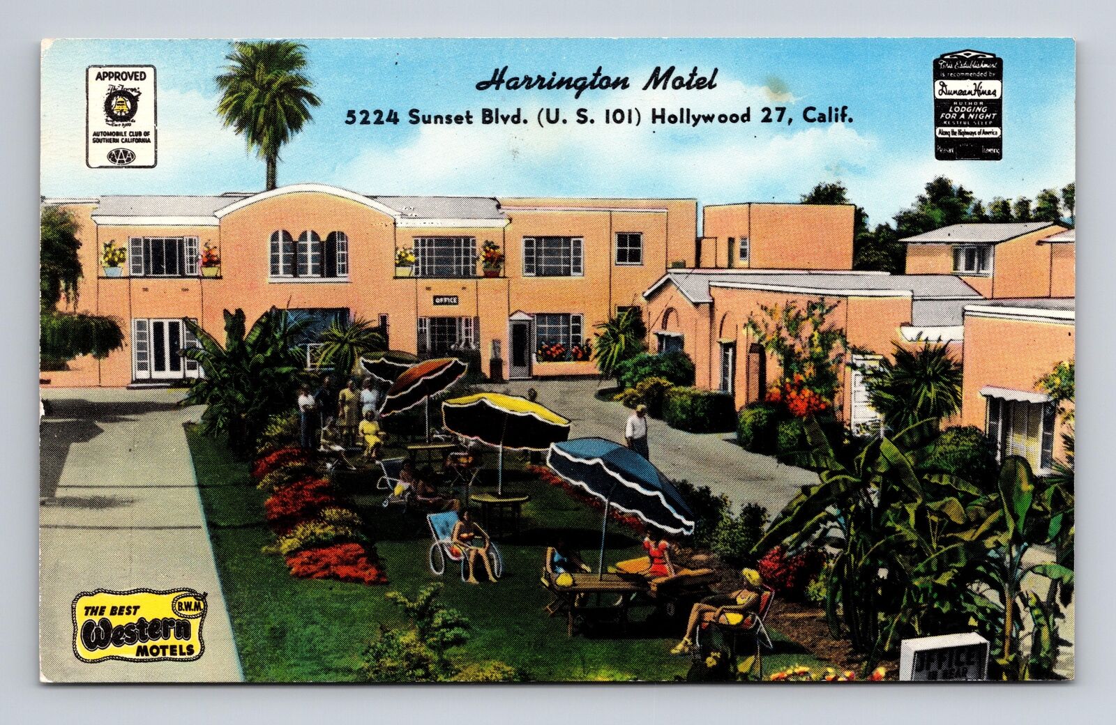 Postcard Hollywood CA California Harrington Motel Sunset Blvd Best Western