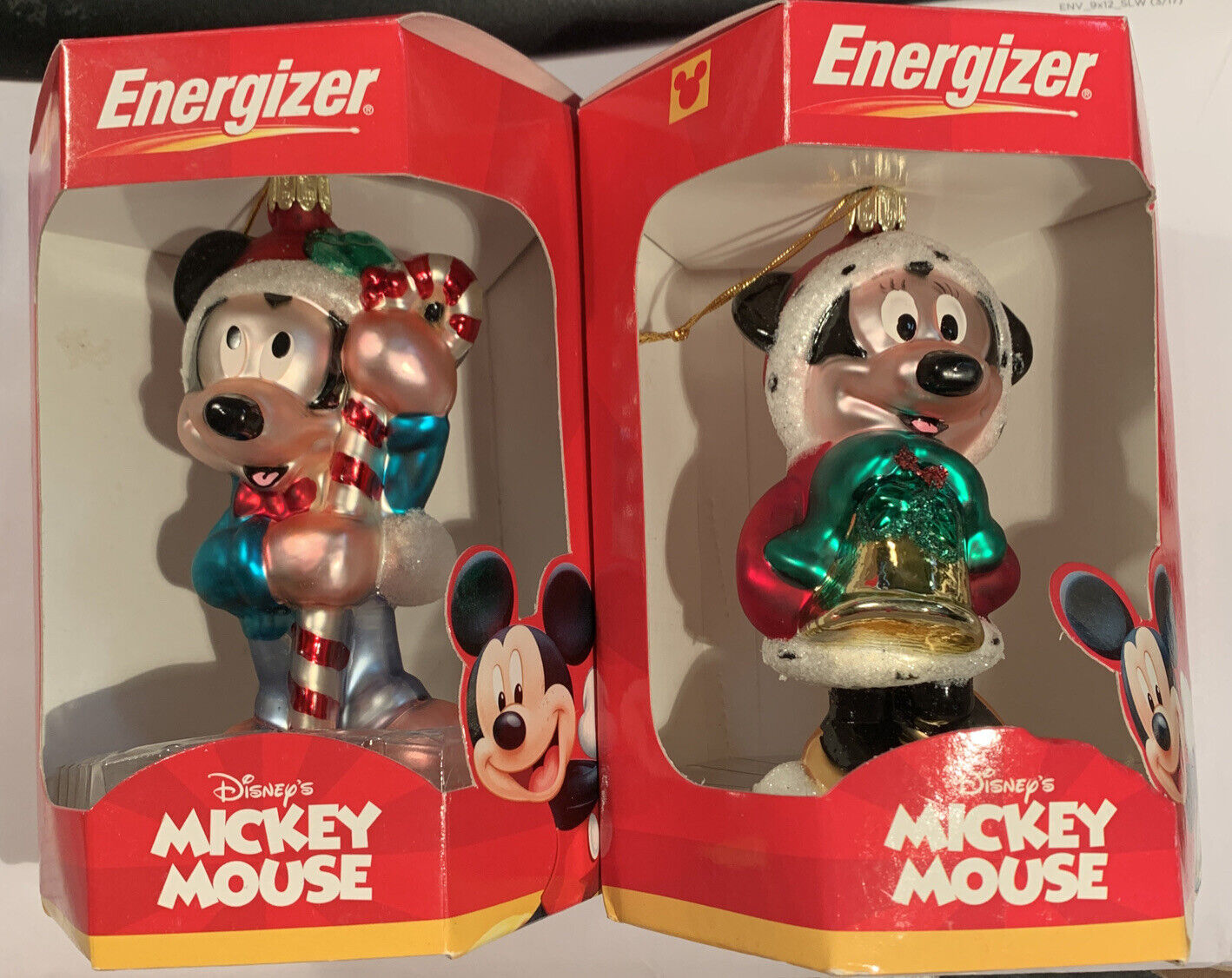 2 Energizer Mickey & Minnie Mouse European Style Glass Christmas Ornaments