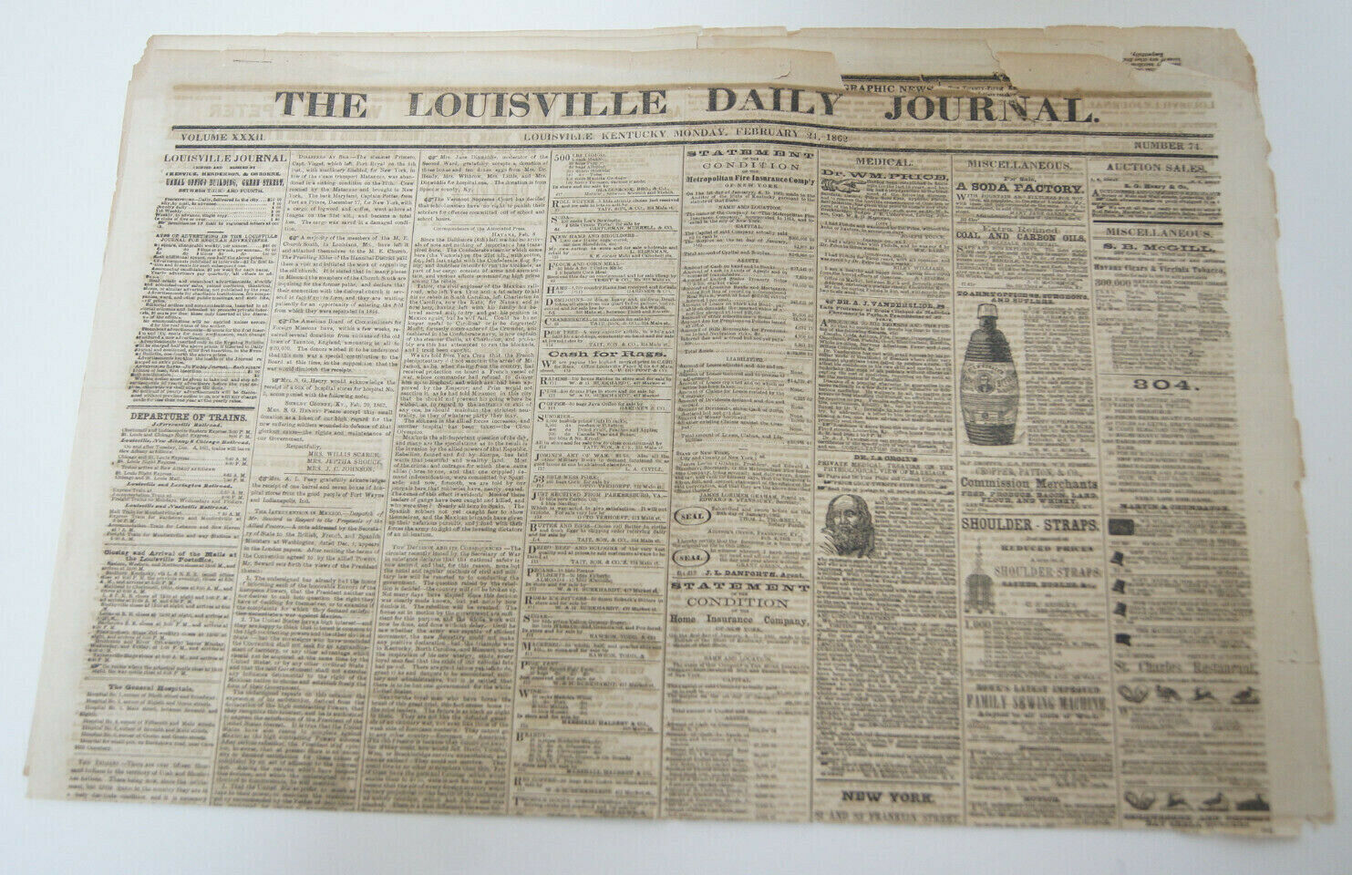 The Louisville Daily Journal 1862 Newspaper Civil War Era Advertisements Trains