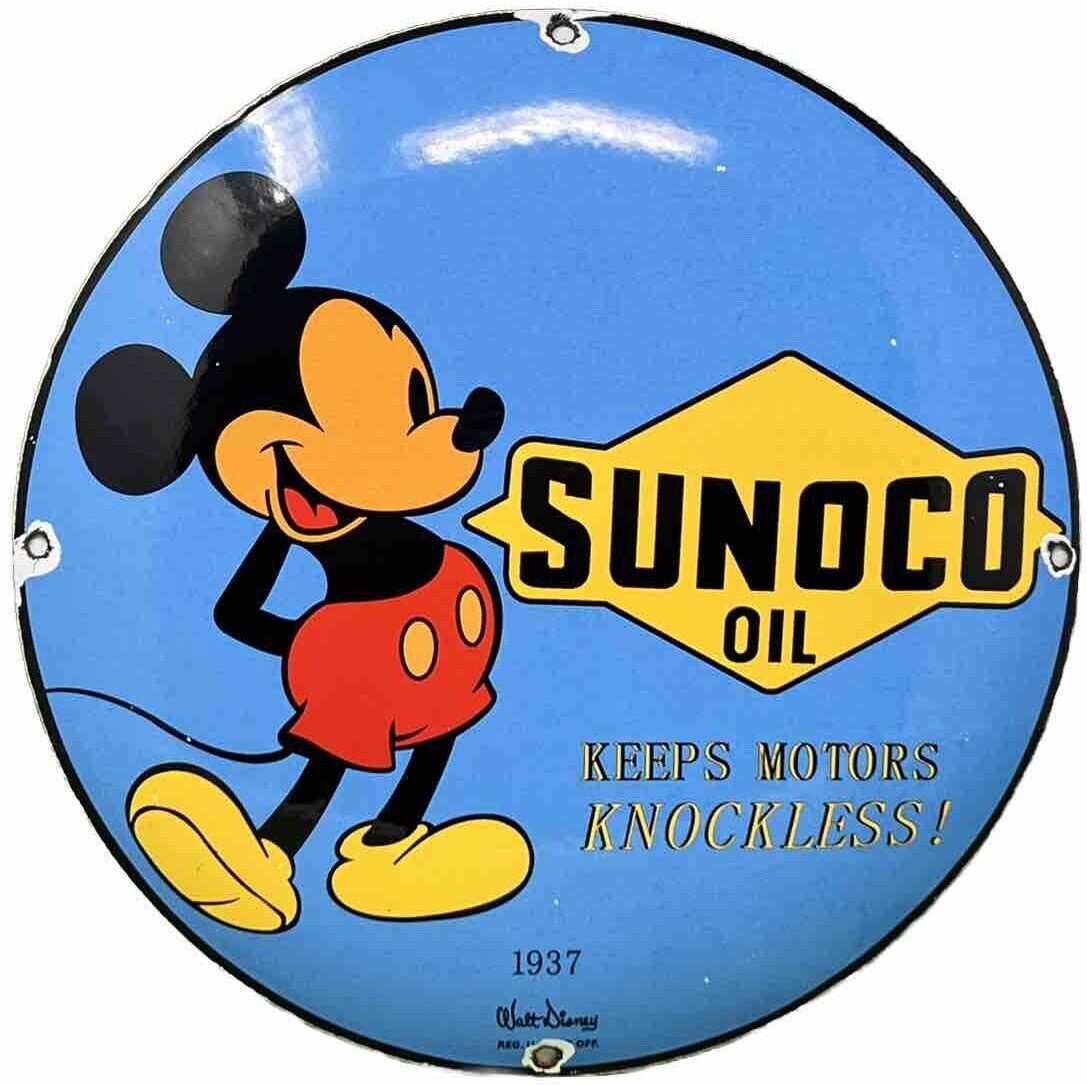 VINTAGE SUNOCO DISNEY MICKEY MOUSE PORCELAIN SIGN PUMP PLATE GAS STATION OIL