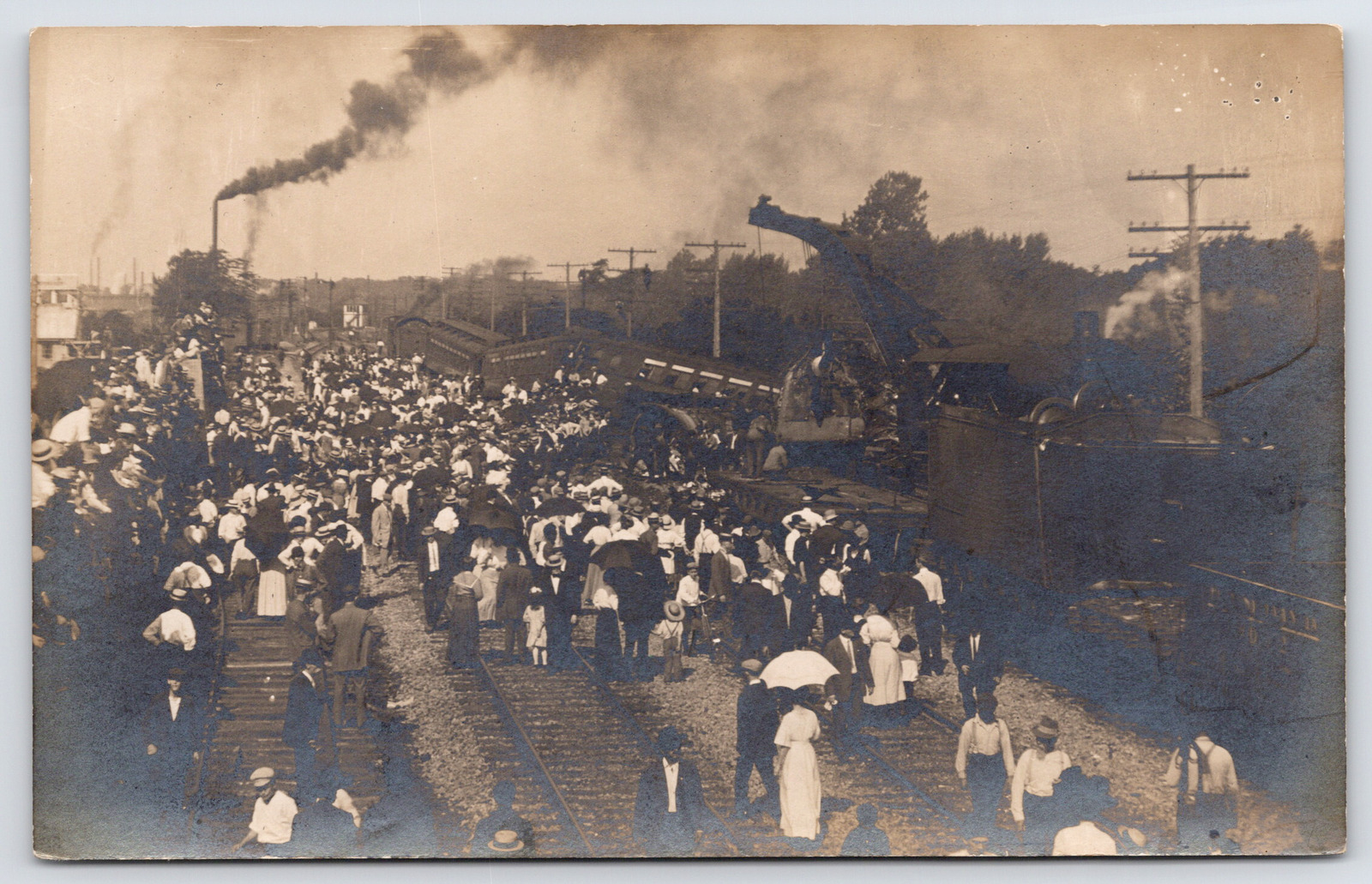 RPPC Huge Crowd Gathers After Train Wreck~Crane Picks Up Wreckage~c1912 Postcard