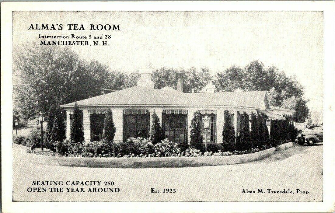 1940'S. ALMA'S TEA ROOM. MANCHESTER, N.H. POSTCARD FF6