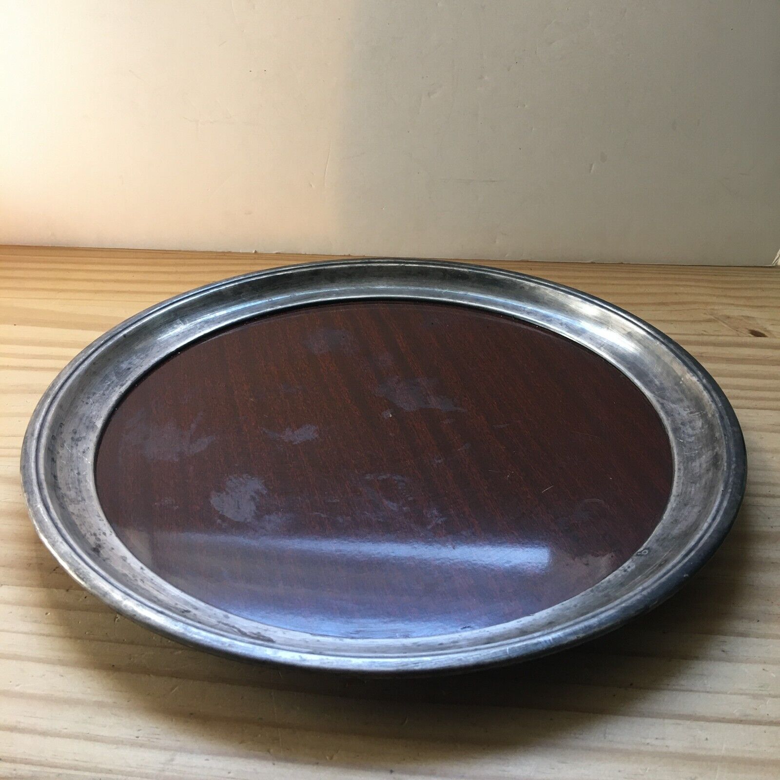 Vintage 1960s Crescent Laminated Wood Grain Silver Round Bar Serving Tray 14\