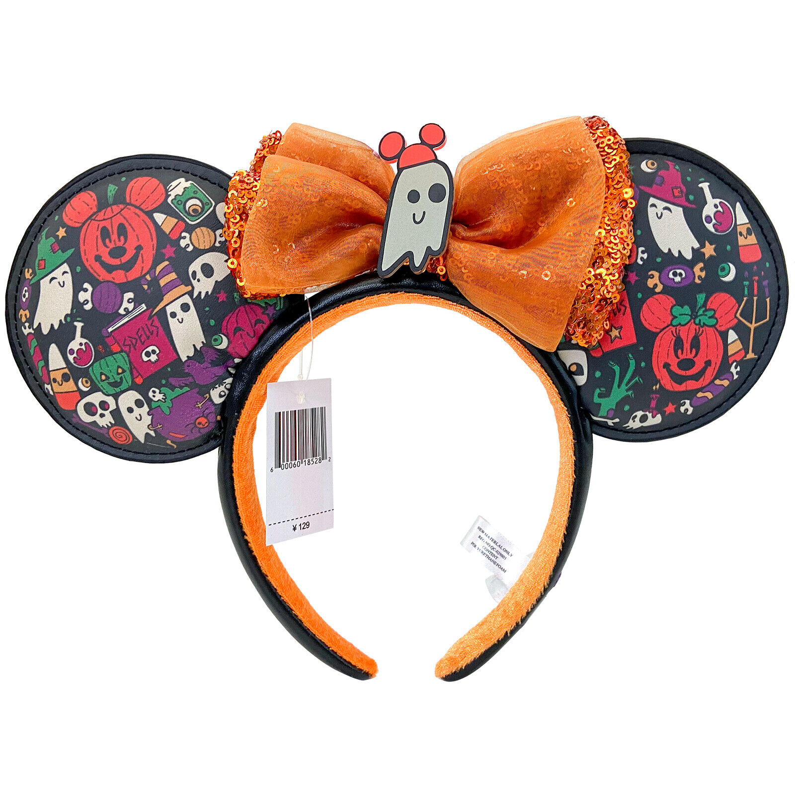 DisneyParks 2022 Happy Halloween Minnie Ghost Sequin Bow Pumpkin Headband Ears