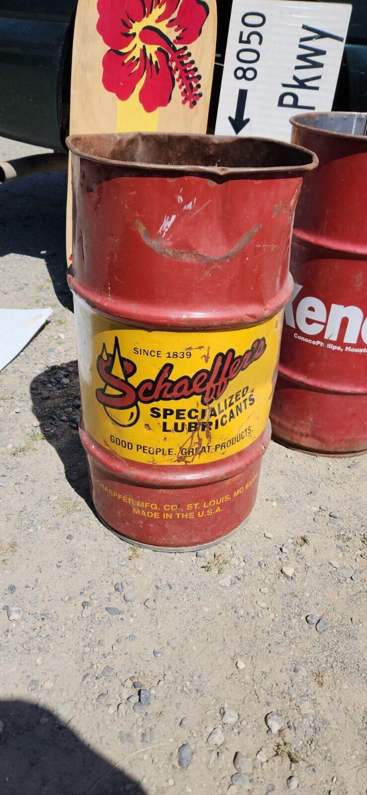 Vintage 15 Gallon Schaeffer's  Oil Drum Gas Station Barrel waste oil Empty