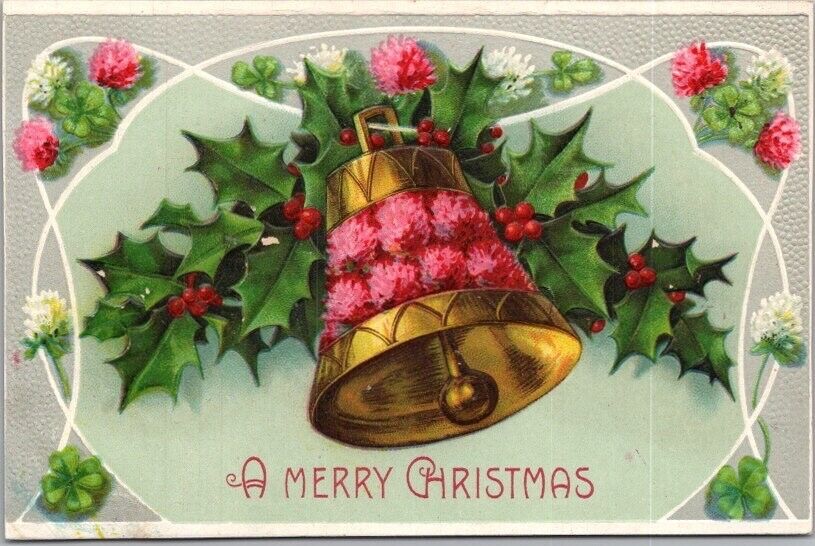 c1910s MERRY CHRISTMAS Postcard Gold Floral Bell / Holly & Flowers - UNUSED