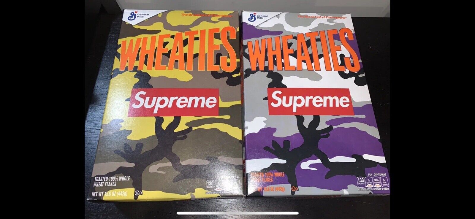 SUPREME WHEATIES CEREAL SET OF 2 PACK (EACH COLOR) BOX LOGO CAMO SEALED IN HAND