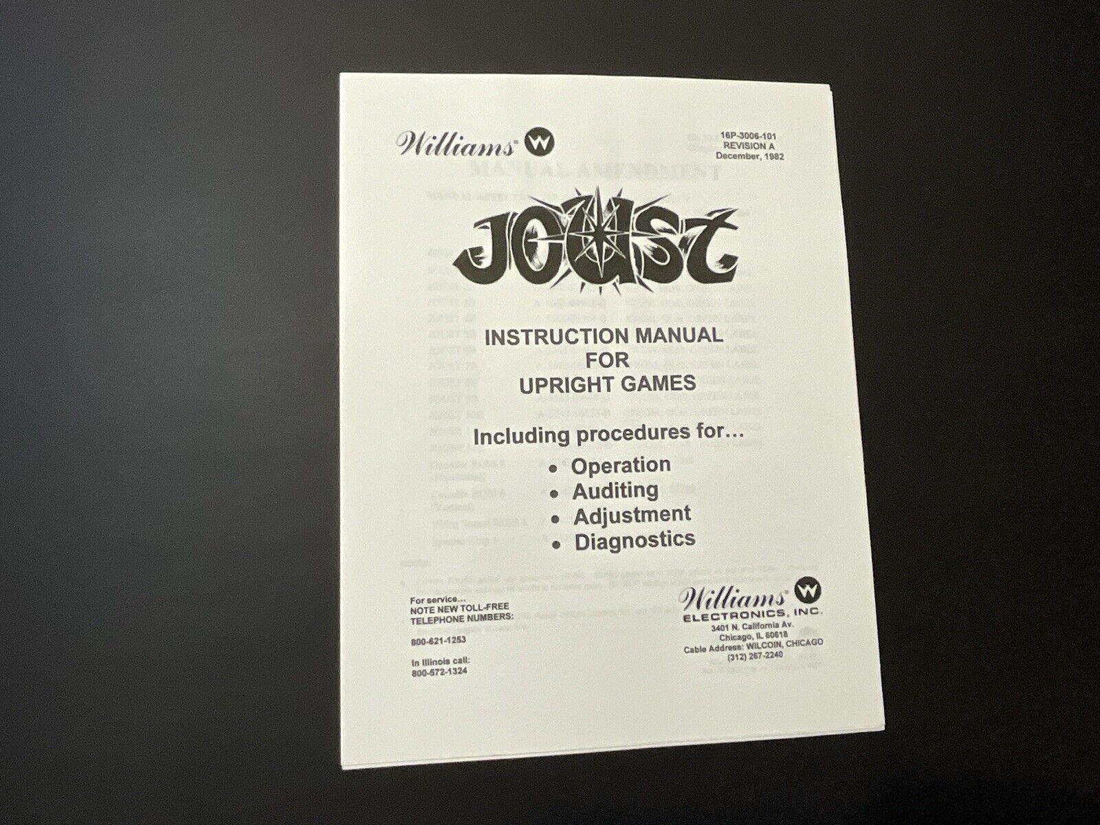 Vintage 1982 Williams Joust Upright Games Instruction Manual 16P-3006-101 Rev A 