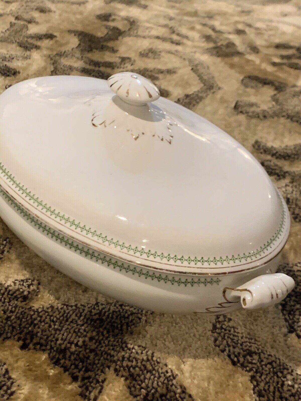 Antq French Country Ironstone Tureen~Lidded~Bishop & Stonier White/Green~England