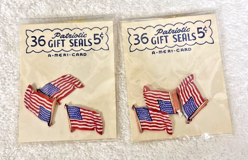 MIP Vintage Patriotic America Flag Gummed Seals Stickers 2 Packs July 4th 72 Pc