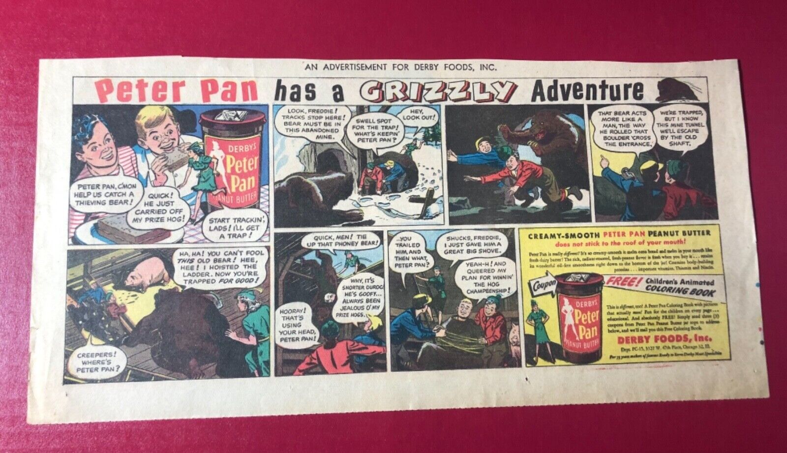 1940’s “Peter Pan Has A Grizzly Adventure” Derby’s Peanut Butter ad 15.5x7.5”